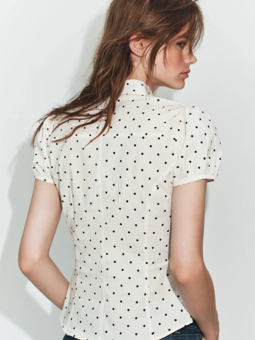 Zara White Polka Dot Tie-Neck Puff Sleeve Blouse